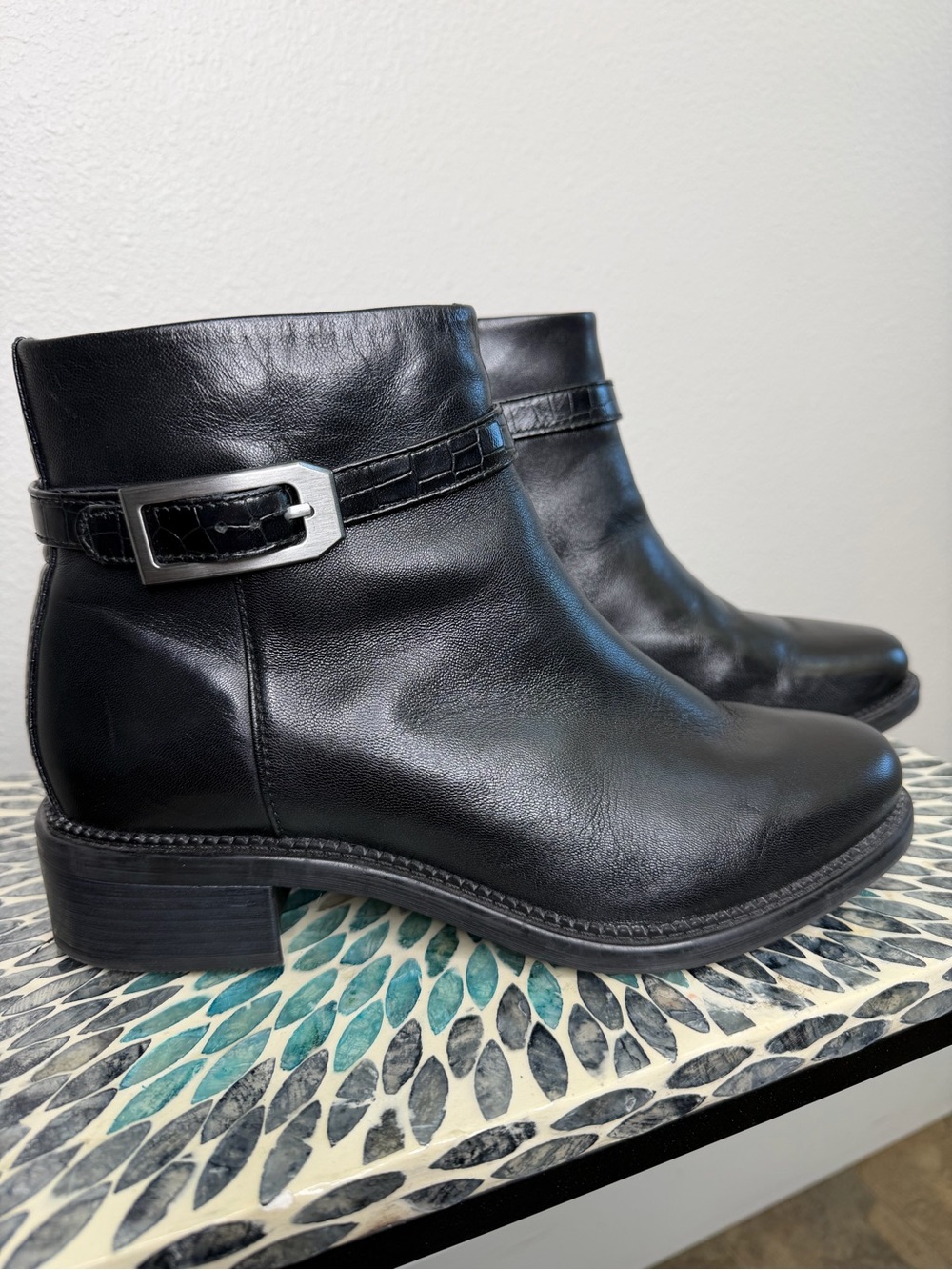 Clarks Maye Grace Black Leather Ankle Boots with Croco & Silver Buckle 8.5W